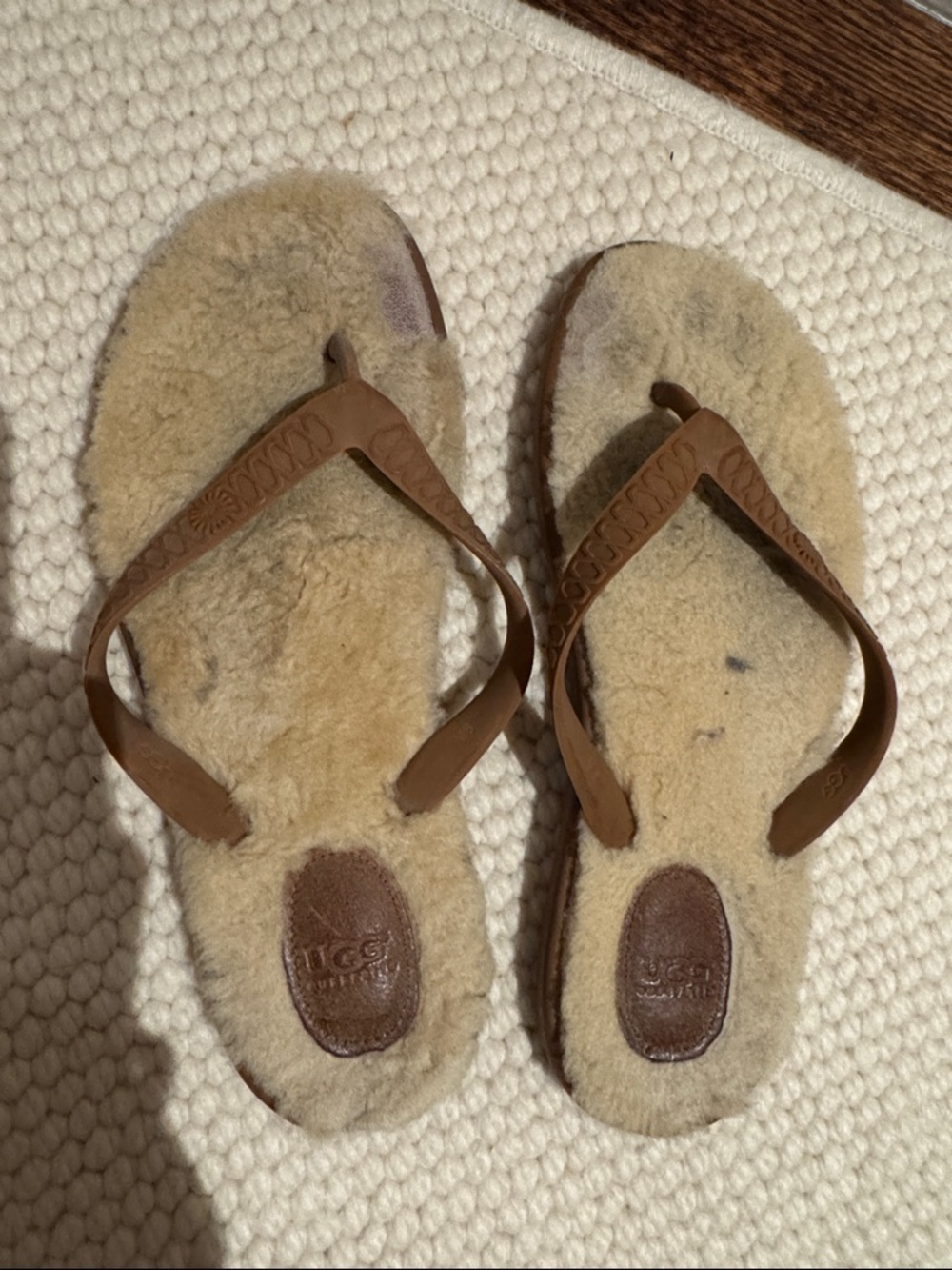UGG Cream Shearling Flip Flops with Chestnut Brown Straps